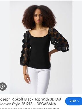 Joseph Ribkoff Black Scoop Neck Top with 3D Dot Balloon Sleeves